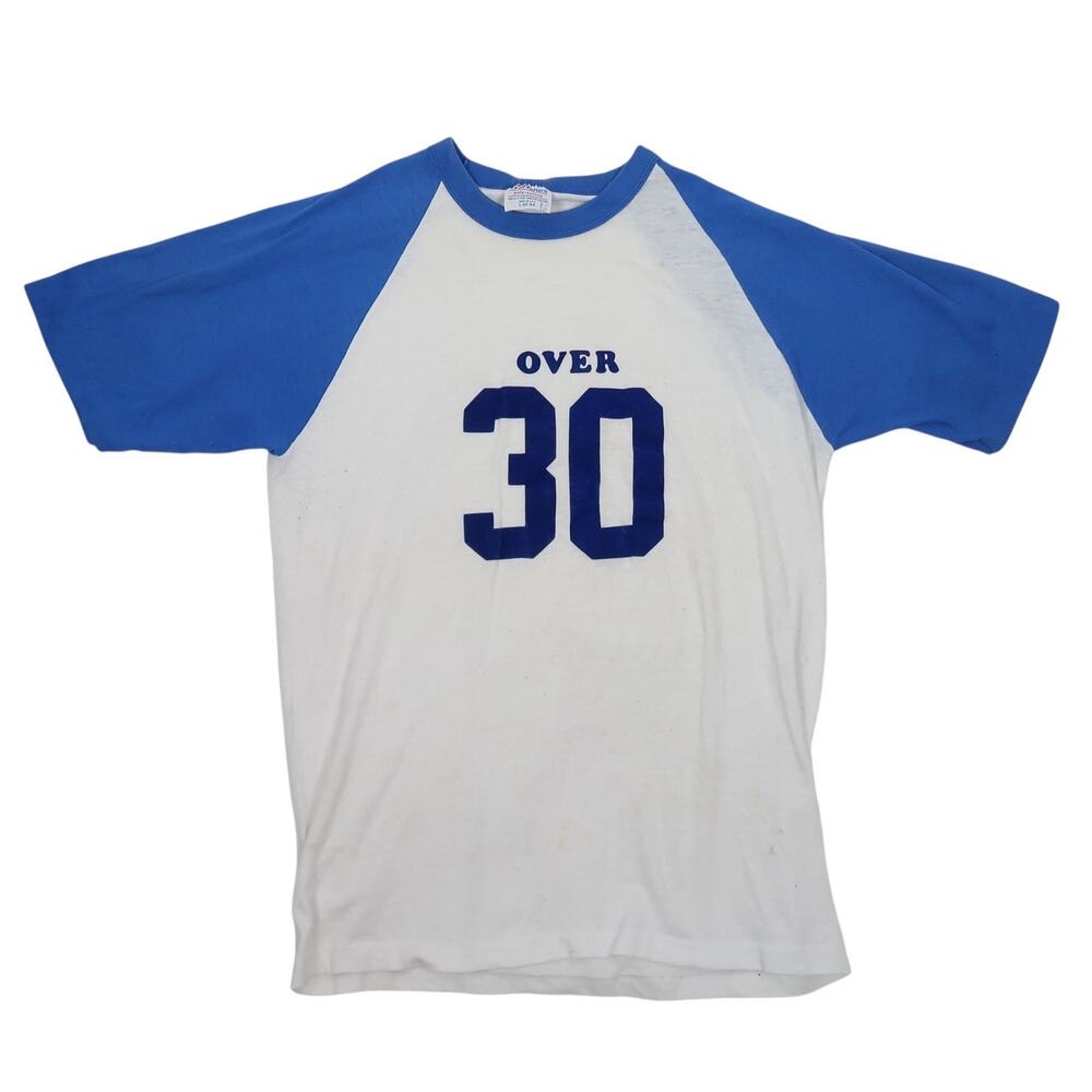Vintage 80s Over 30 Jersey T-Shirt Hanes 50/50 Single Stitch White Blue Raglan